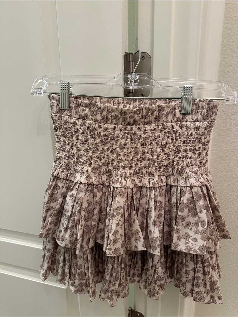 The Reset Beige Floral Smocked Tiered Mini Skirt